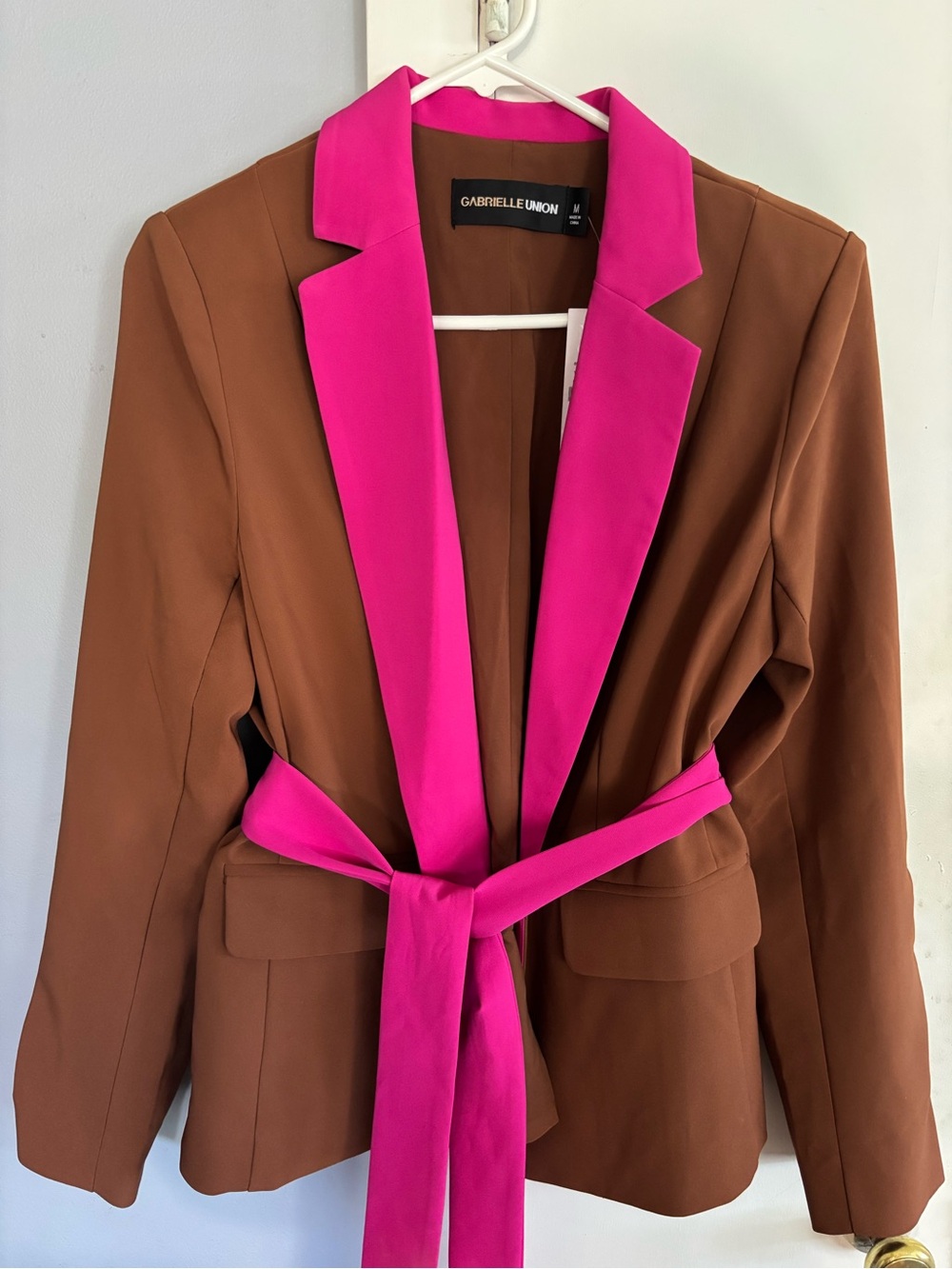 Gabrielle Union Brown Blazer with Hot Pink Trim and Belt